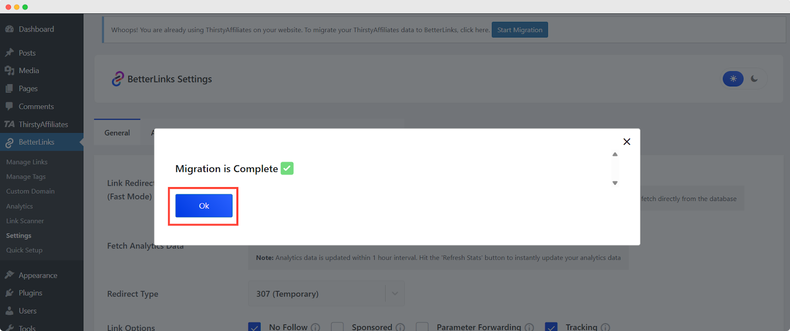 How To Migrate & Import ThirstyAffiliates Data (Links) To BetterLinks? 3 link-migration-completed