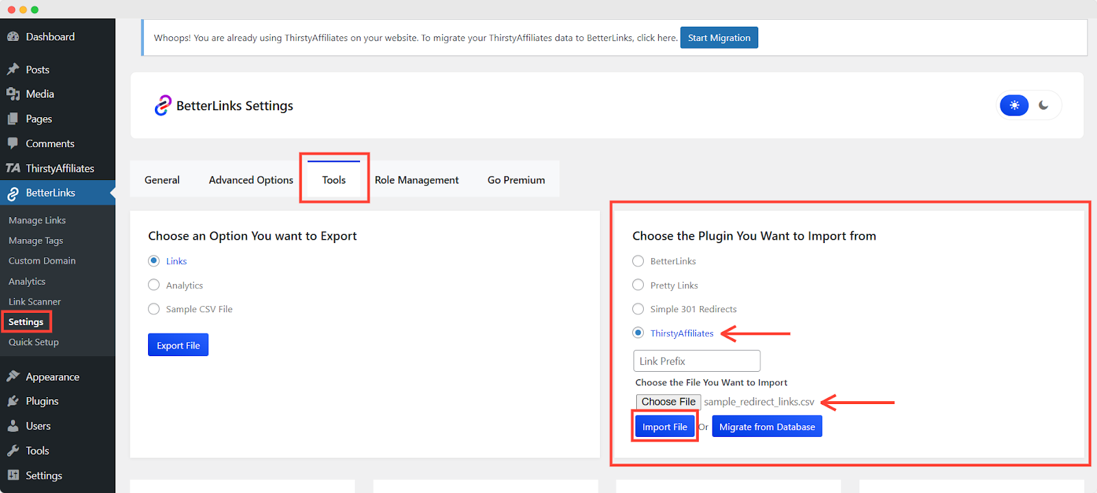 How To Migrate & Import ThirstyAffiliates Data (Links) To BetterLinks? 8 import thirstyaffiliates links