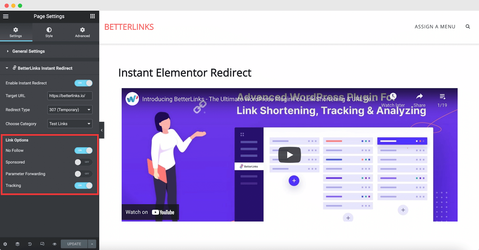 BetterLinks Instant Elementor Redirect