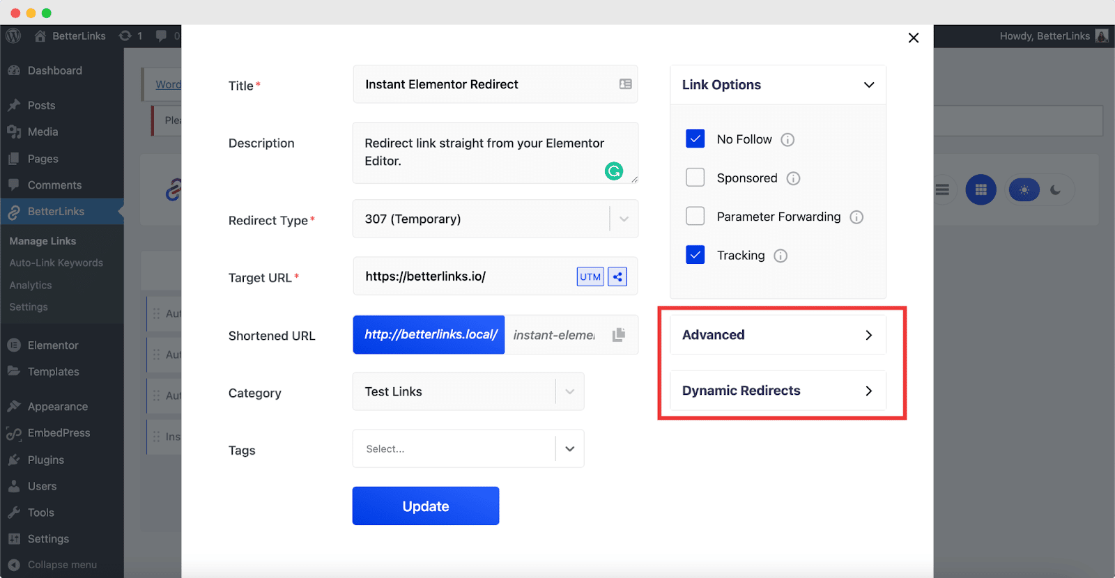 BetterLinks Instant Elementor Redirect