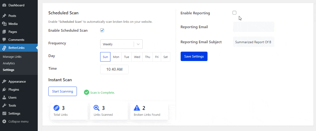 Broken Links in SEO: Everything You Need to Know to Improve Your WordPress Performance 5 Reporting Test