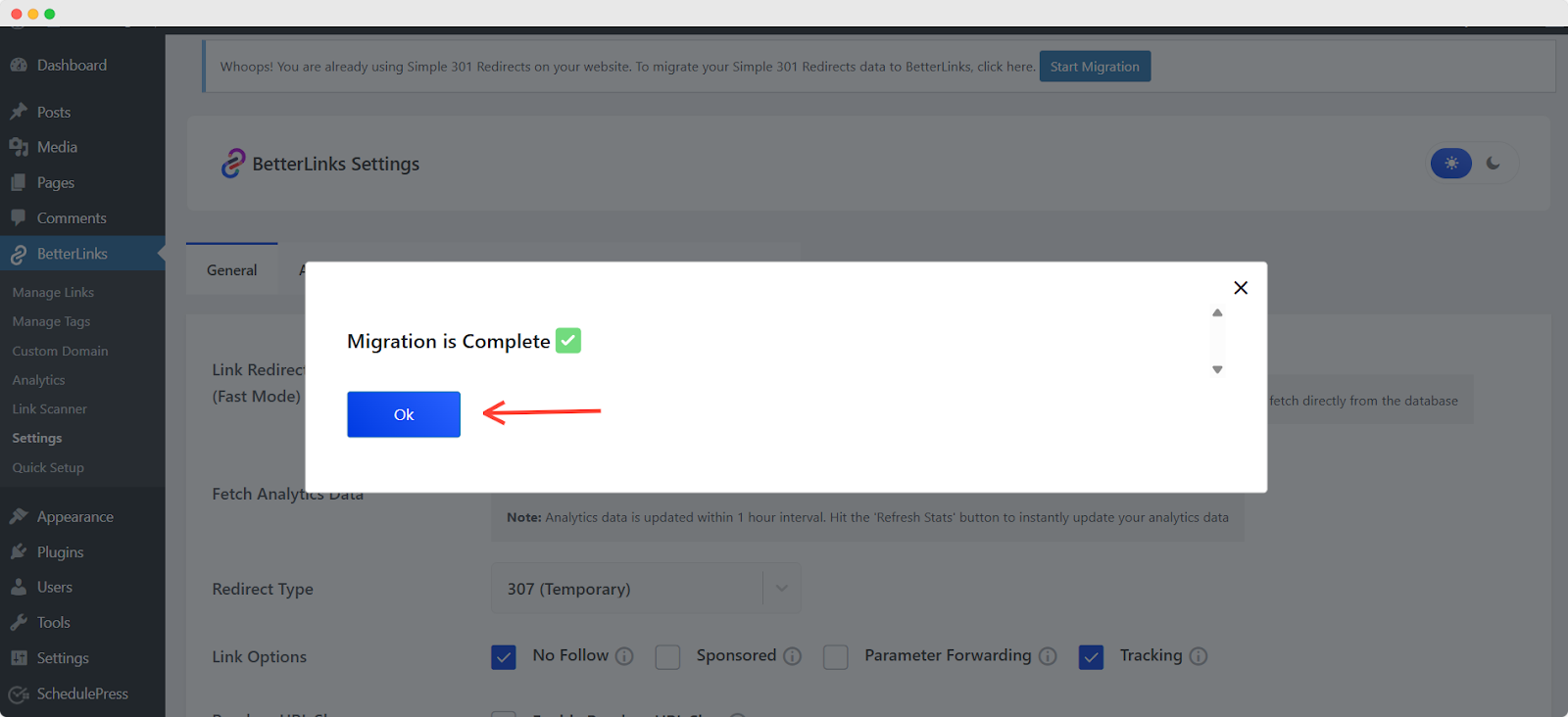 How to Migrate & Import Simple 301 Redirects Links to BetterLinks? 3 Migration Completed From Import Simple 301 Redirects Links To BetterLinks