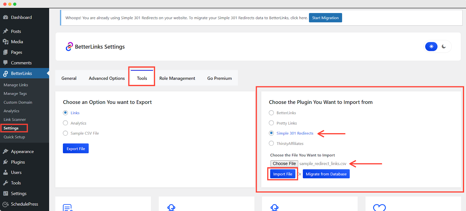 How to Migrate & Import Simple 301 Redirects Links to BetterLinks? 8 Import Simple 301 Redirects Links To BetterLinks