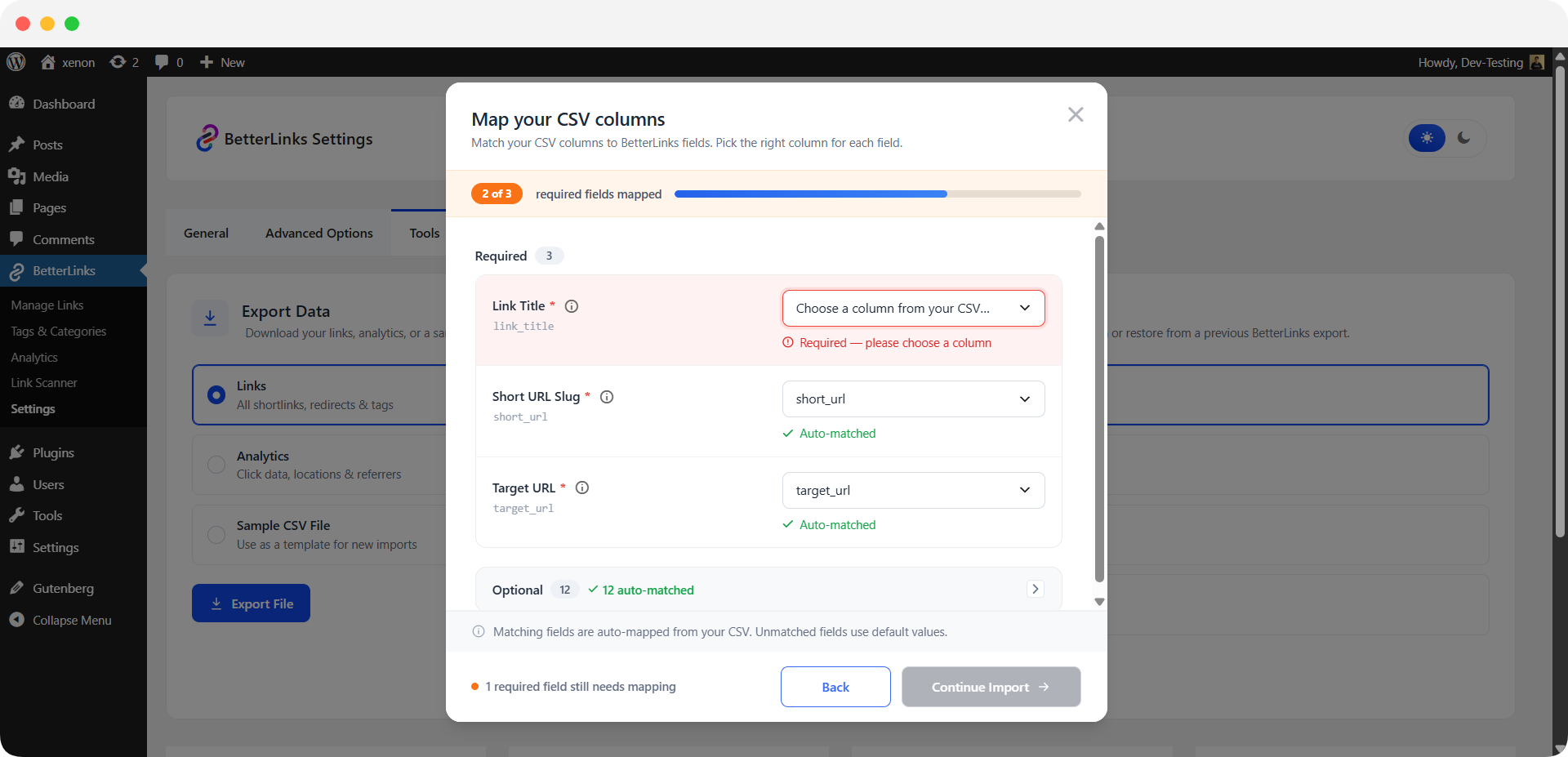 Once your file is uploaded, the Map CSV Columns window opens.