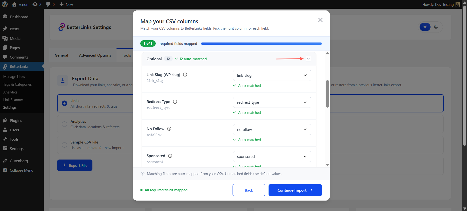 To map additional details, click 'Optional' to expand the full list