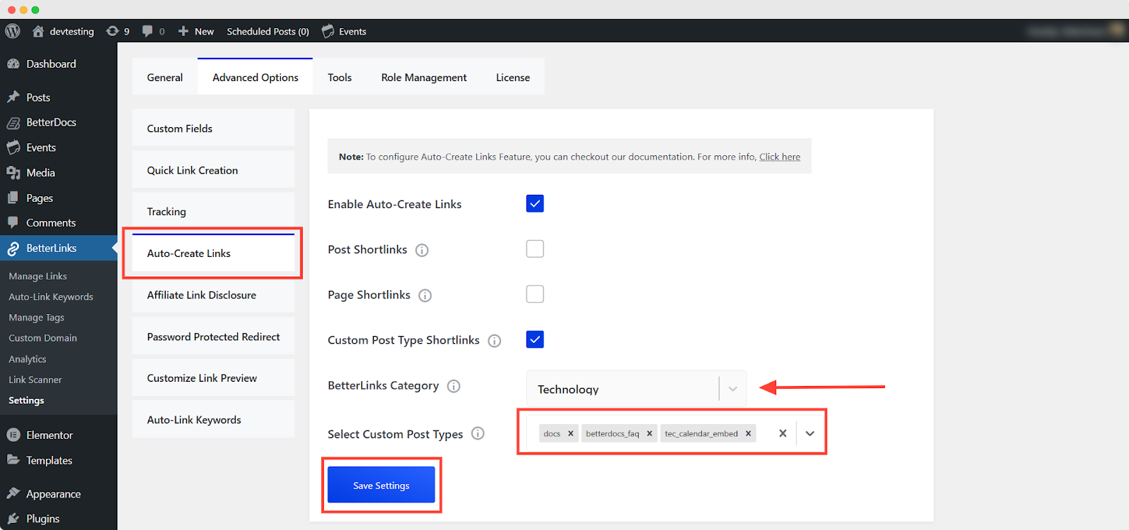 How to Enable Auto Link Creation for Custom Post Types in BetterLinks? 2 Select Custom Post Type