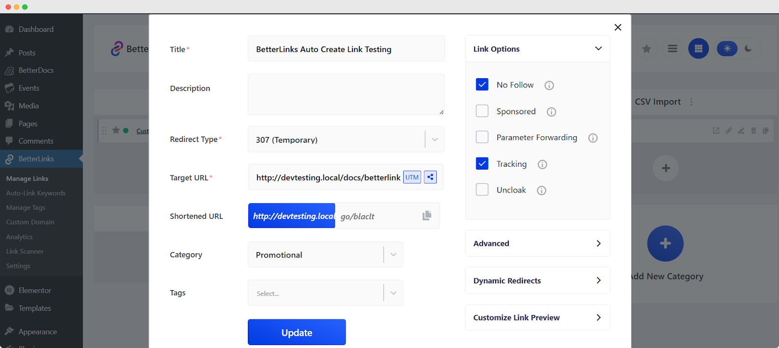 How to Enable Auto Link Creation for Custom Post Types in BetterLinks? 6 BetterLinks customization panel