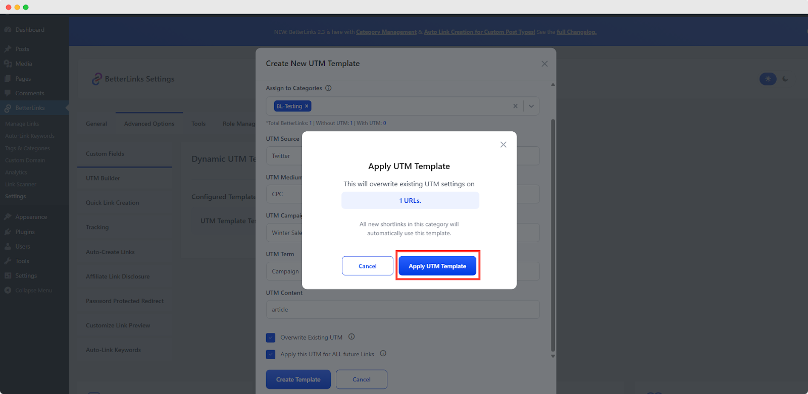 How to Create a Dynamic UTM Template with BetterLinks? 5 Apply the UTM Template
