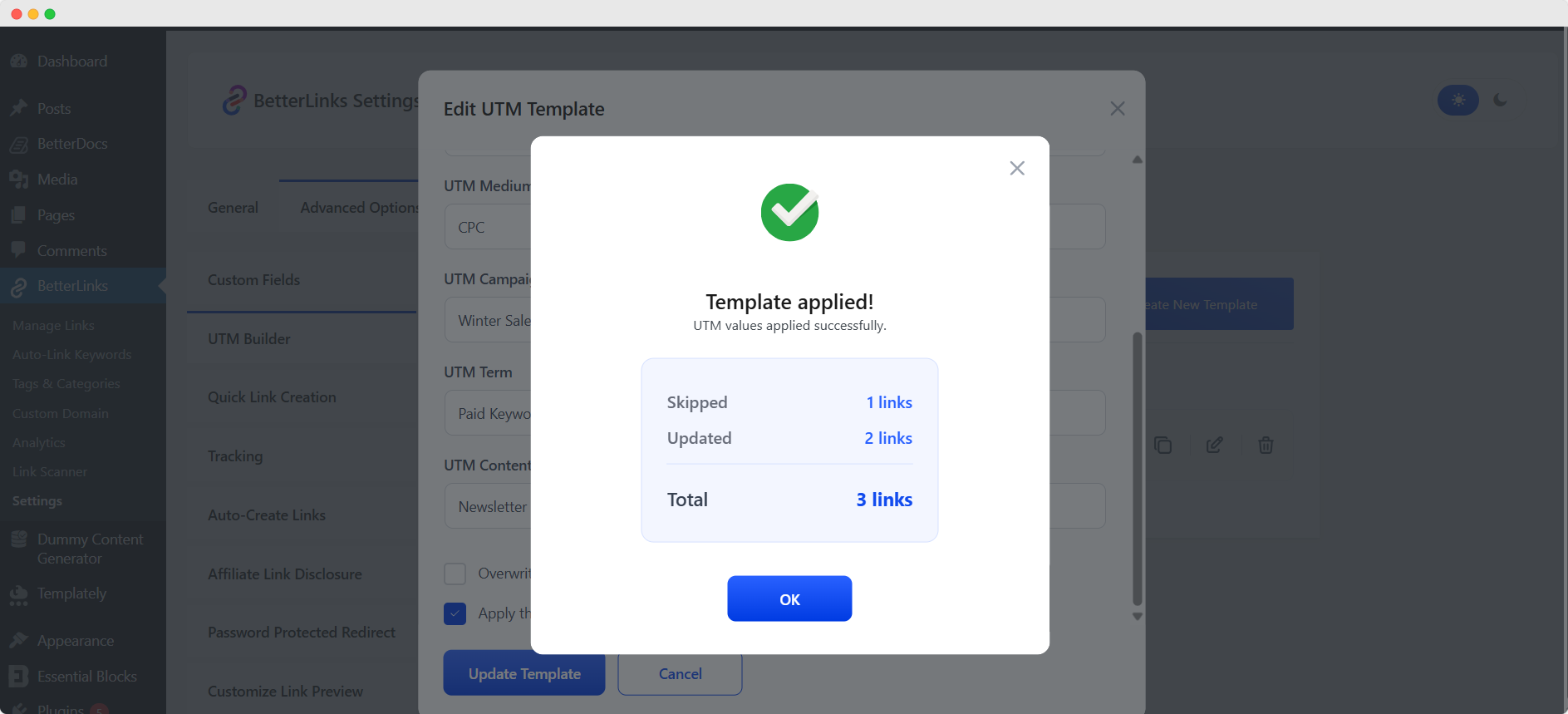 How to Create a Dynamic UTM Template with BetterLinks? 6 Template applied