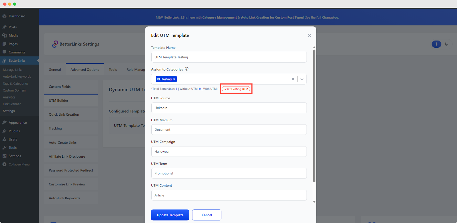 How to Create a Dynamic UTM Template with BetterLinks? 8 Reset Existing UTM