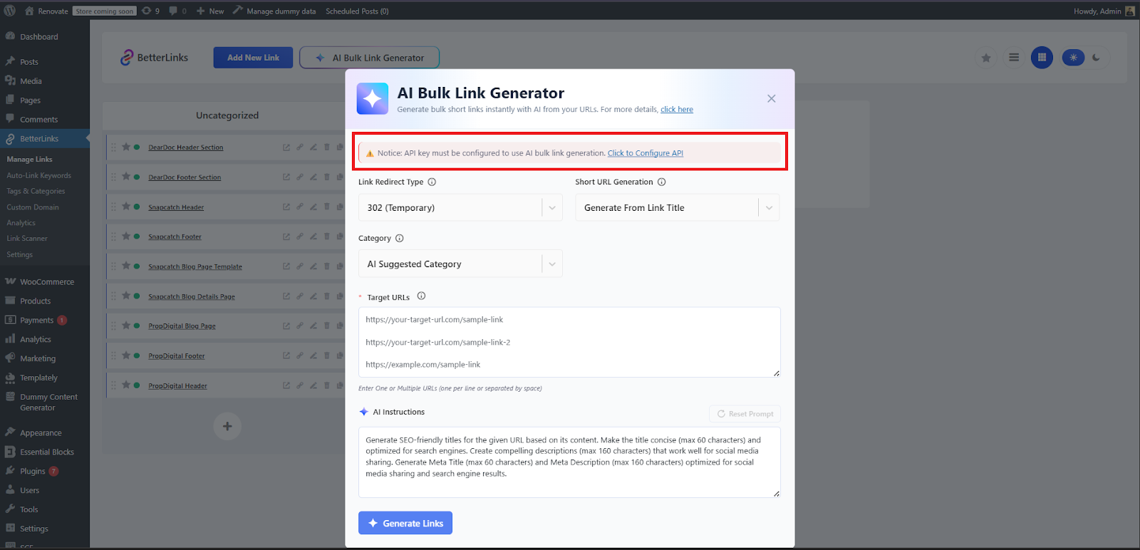 AI Bulk Link Generator in BetterLinks: How It Works 3 Click to Configure API to complete the setup