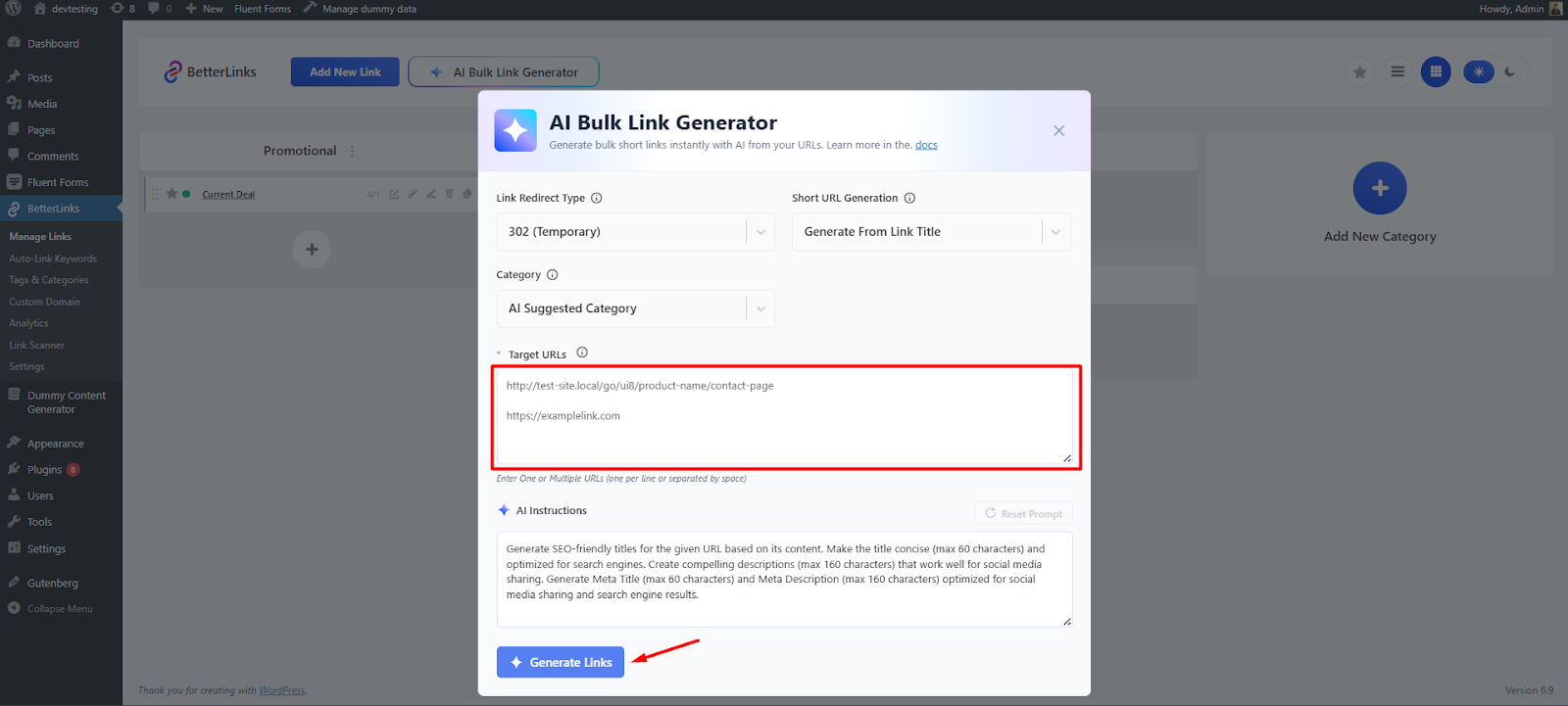 How To Use AI Bulk Link Generator in BetterLinks? 9 Target URLs - AI Bulk Link Generator