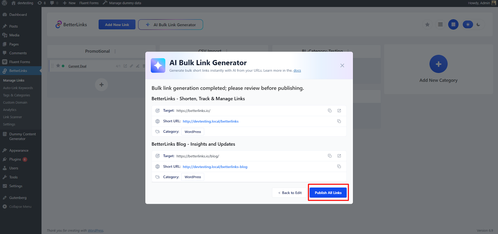 How To Use AI Bulk Link Generator in BetterLinks? 12 Publish All Links