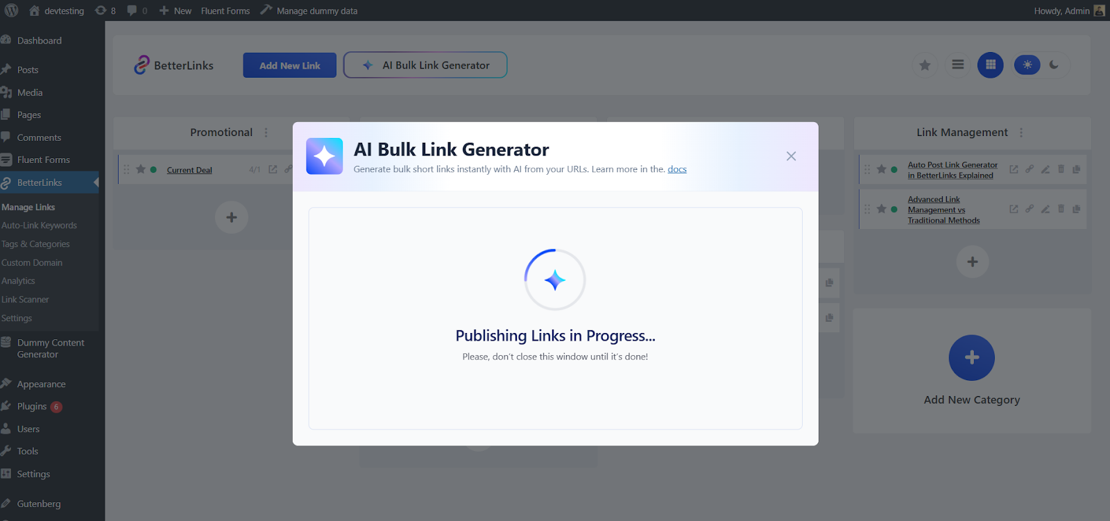 How To Use AI Bulk Link Generator in BetterLinks? 13 Publishing links in progress