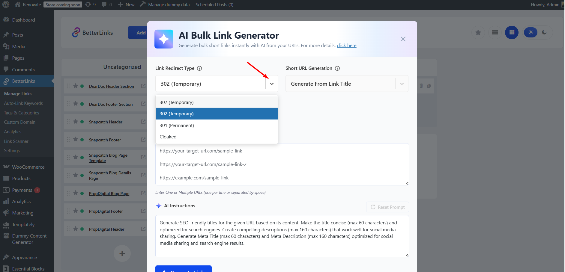 How To Use AI Bulk Link Generator in BetterLinks? 6 Link Redirect Type