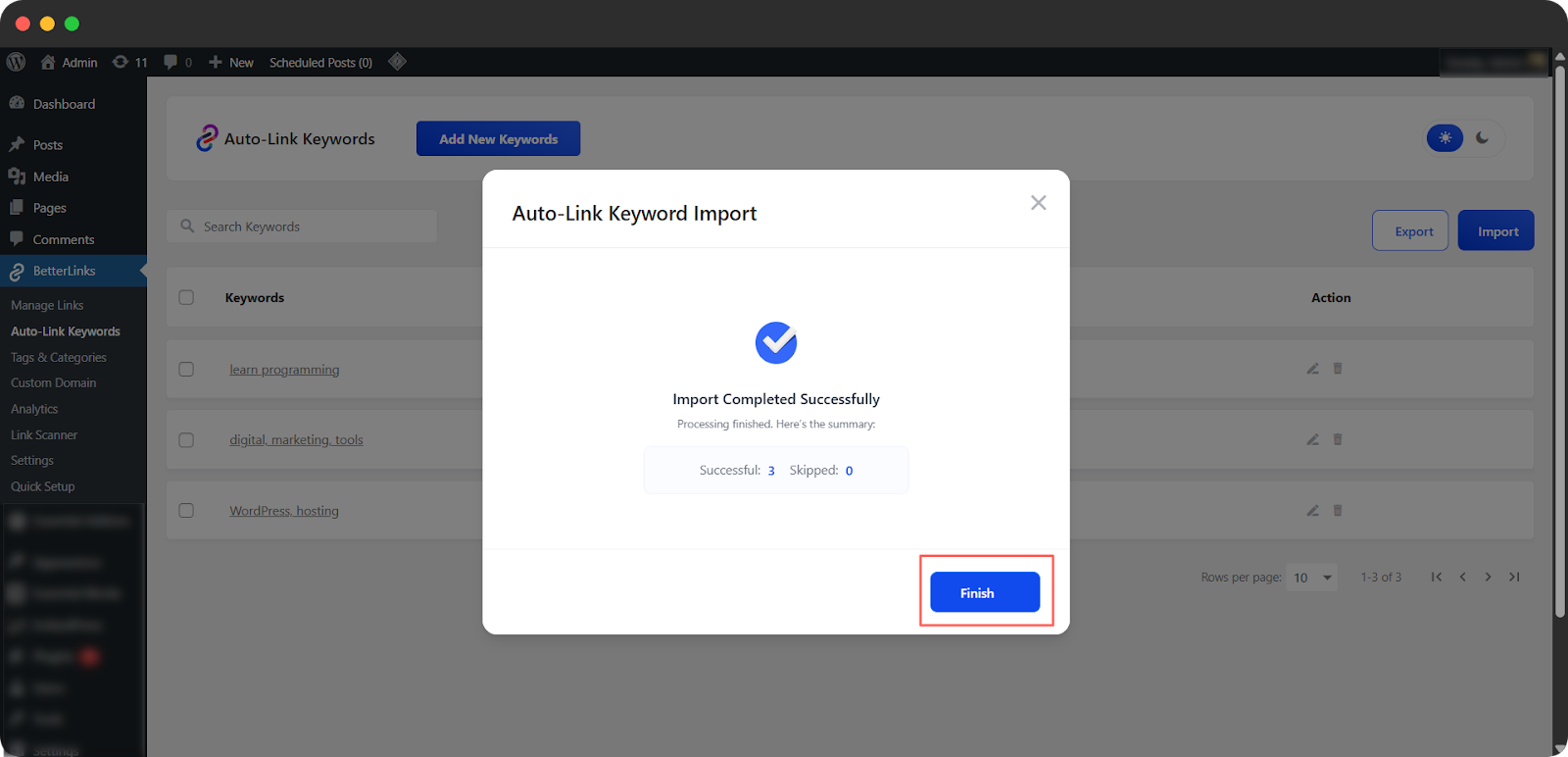 Auto-Link Keyword Import Successful