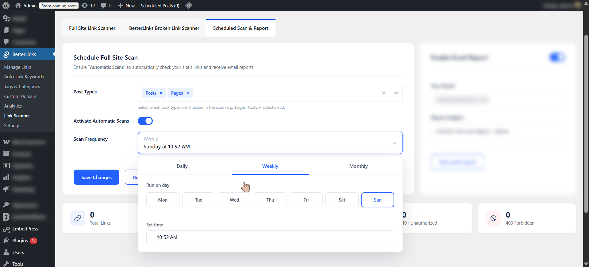 Enable ‘Activate Automatic Scans’, then select the desired ‘Post Types’ and ‘Scan Frequency’ from the dropdown menus. Click ‘Save Changes’ to apply the settings.