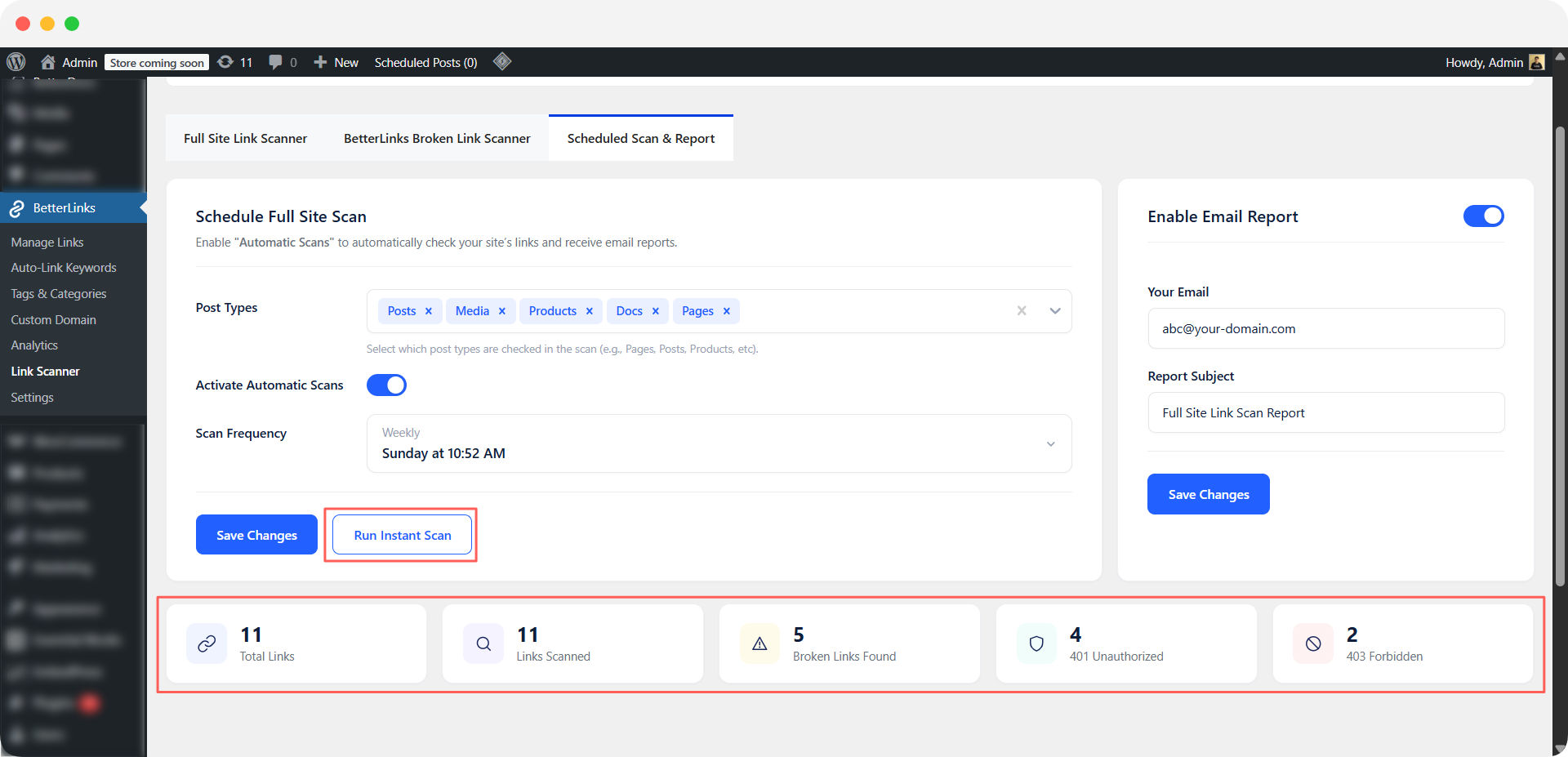 To run an immediate check, select ‘Run Instant Scan’ to review your site’s link health in real time. 