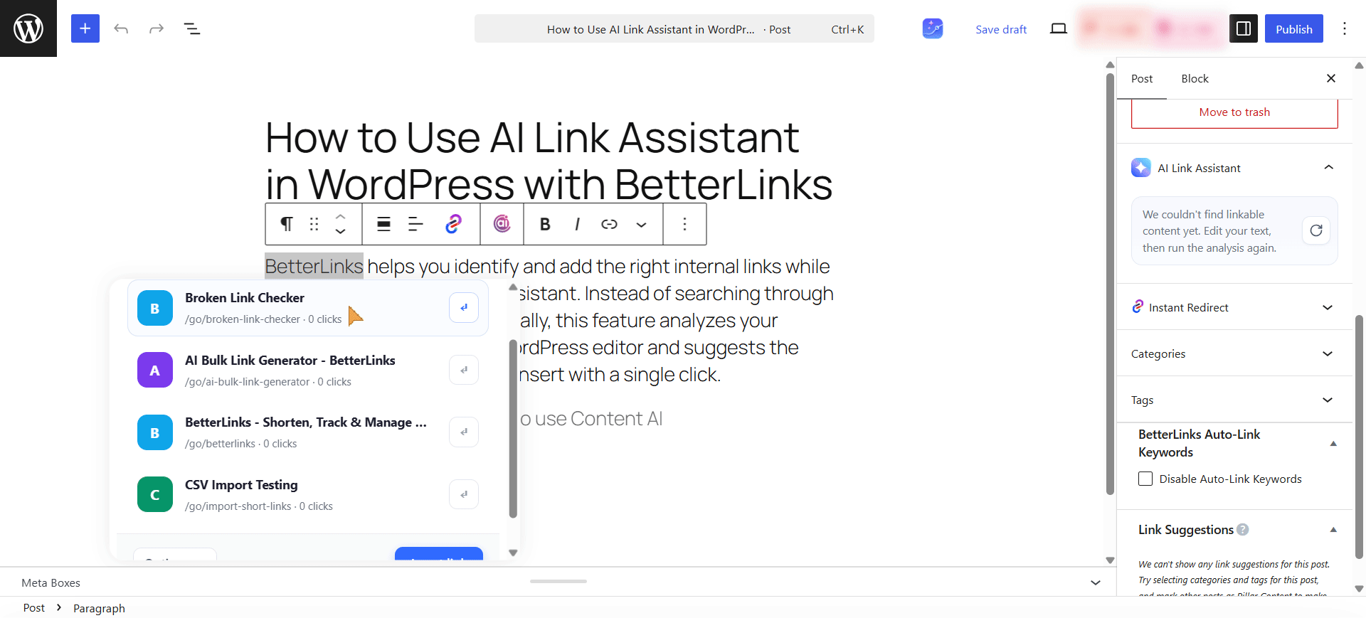 A Link Suggestions popup will appear, listing the most relevant short links for your selection, each with its short URL and click count. 