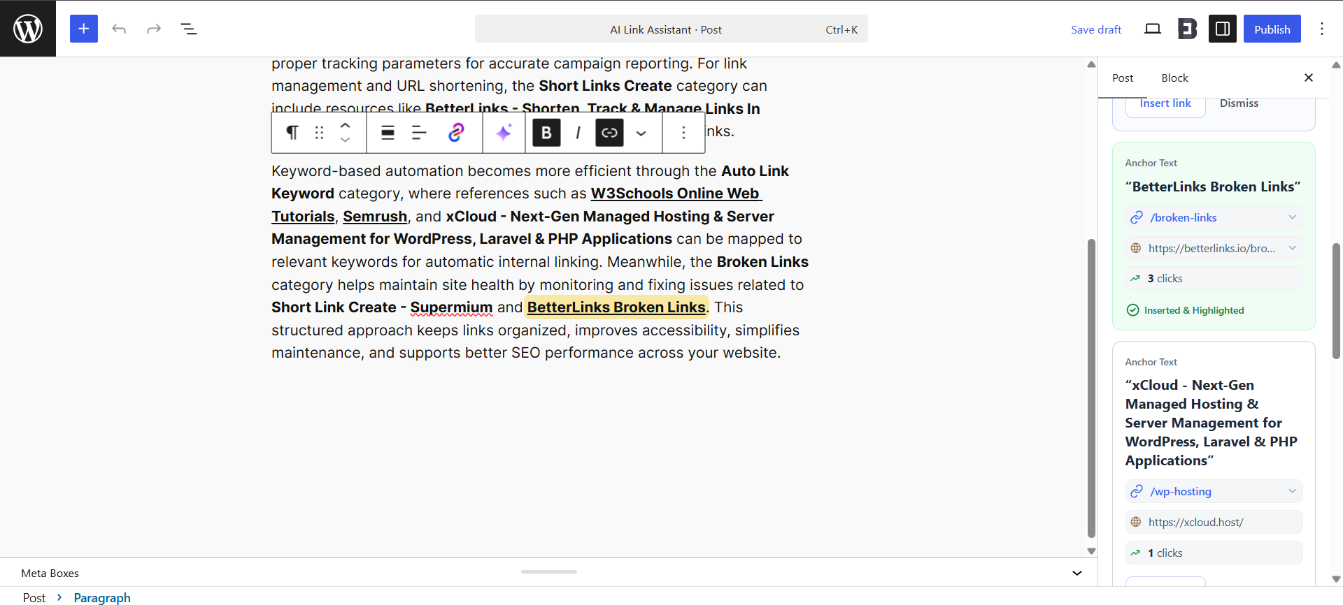 When a link is inserted, the assistant highlights the anchor text in your content and confirms with an ‘Inserted & Highlighted’ status