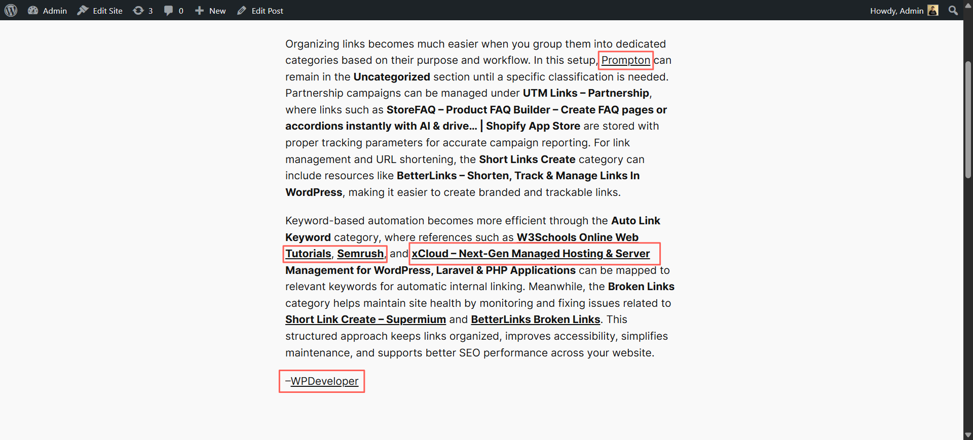 Once you have inserted your AI-suggested links and converted any untracked URLs, your published content will include clean, relevant internal links throughout. 