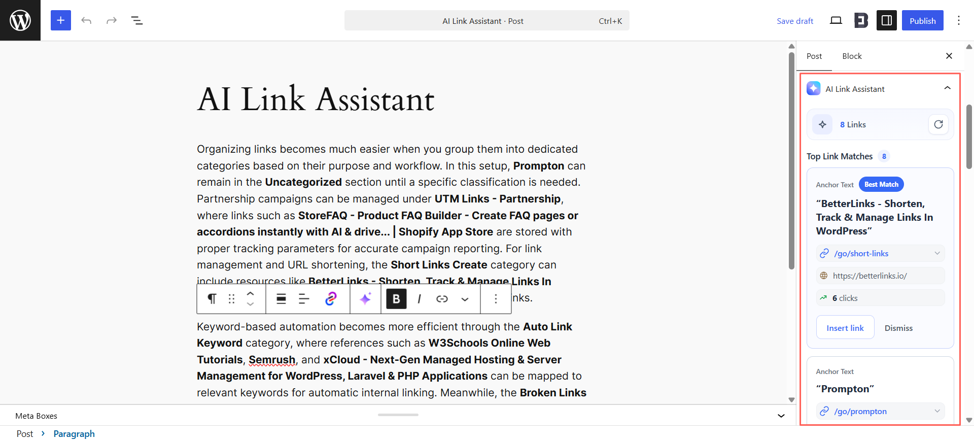 Once the analysis is finished, the panel shows the total number of links found along with the ‘Top Link Matches’. 