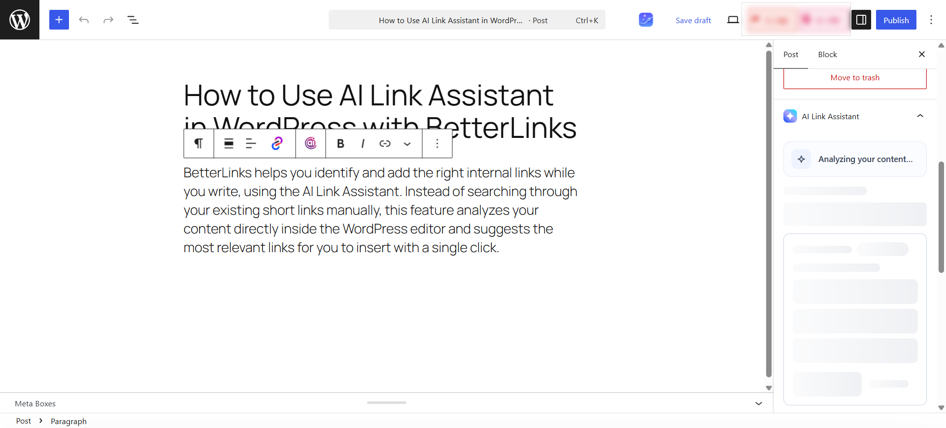 AI Link Assistant will display ‘Analyzing your content…’