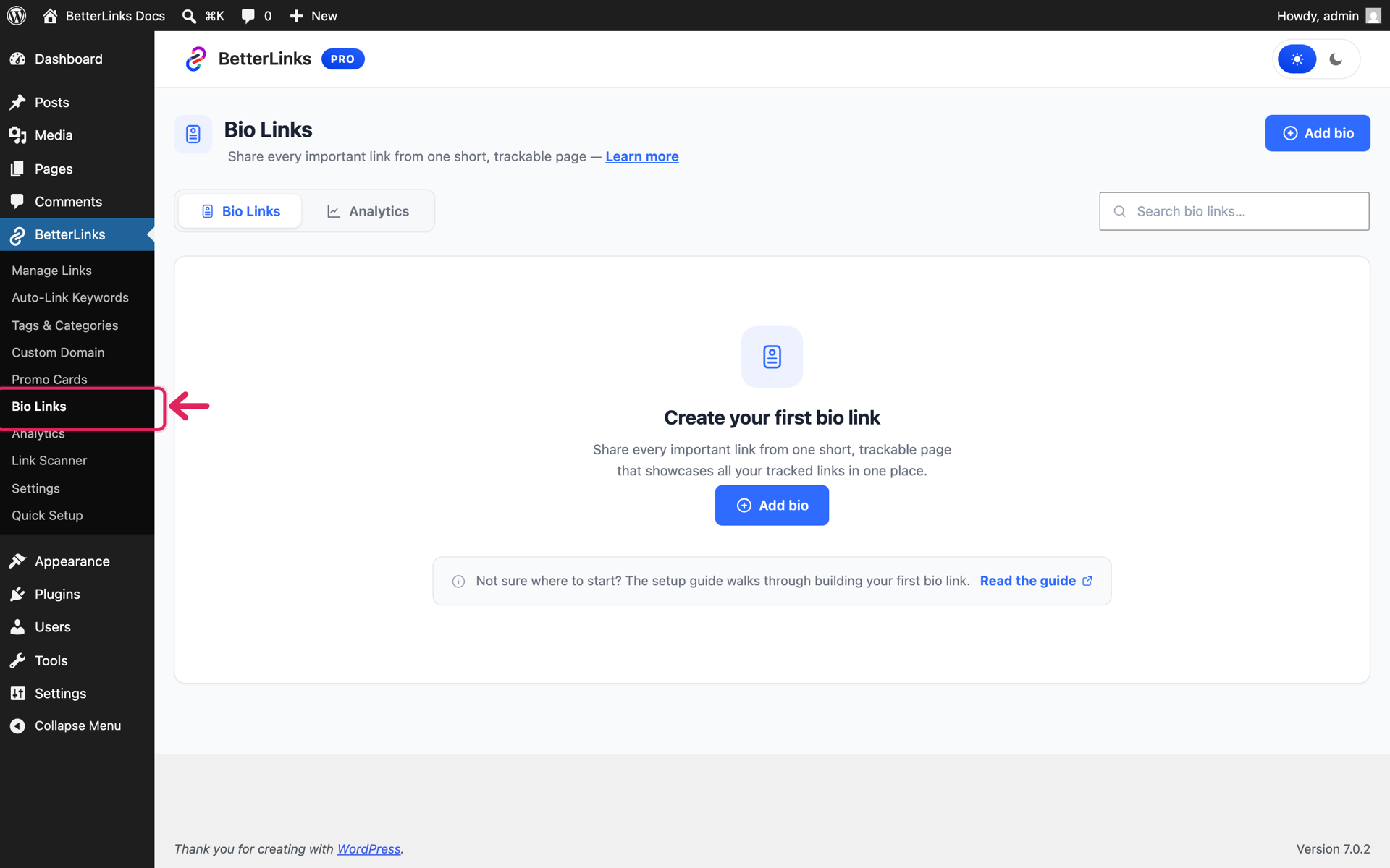 How to Create a Link in Bio Page with BetterLinks? 1 Bio Links menu in the BetterLinks WordPress dashboard