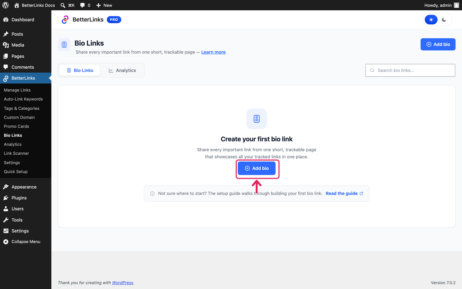 How to Create a Link in Bio Page with BetterLinks? 2 Empty Bio Links dashboard in BetterLinks with the Add bio button highlighted