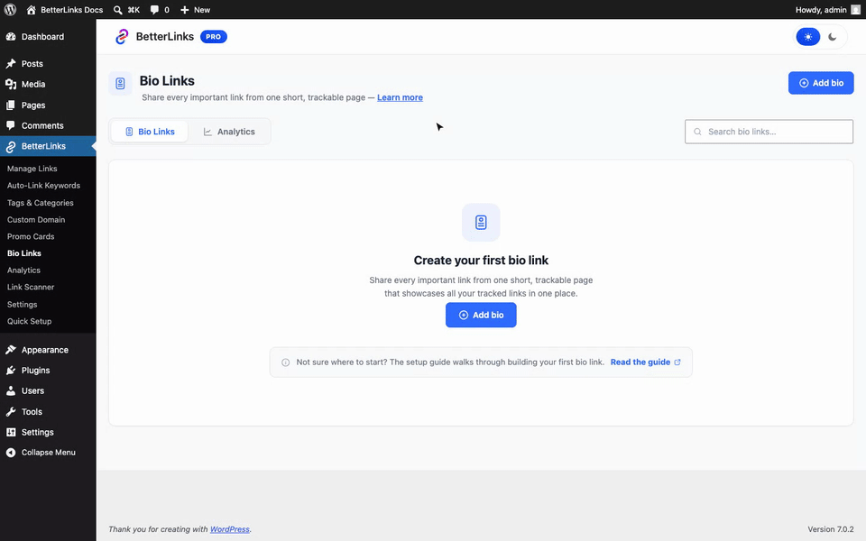 How to Create a Link in Bio Page with BetterLinks? 3 Opening the Bio Links builder in BetterLinks