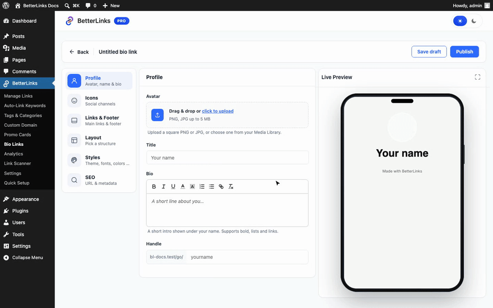 How to Create a Link in Bio Page with BetterLinks? 4 Filling in the profile section of a BetterLinks bio page with an avatar from the Media Library