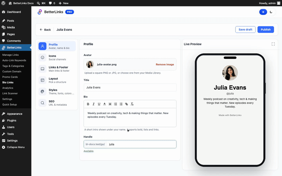 How to Create a Link in Bio Page with BetterLinks? 5 Adding a social icon and a tracked link button to a BetterLinks bio page