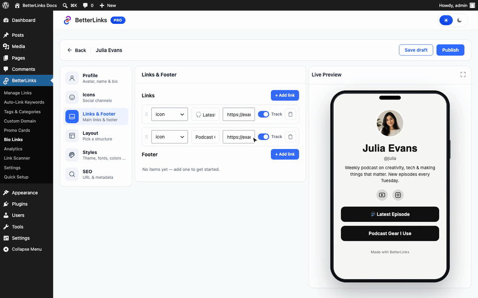 How to Create a Link in Bio Page with BetterLinks? 6 Choosing a layout for a BetterLinks bio page with the live phone preview