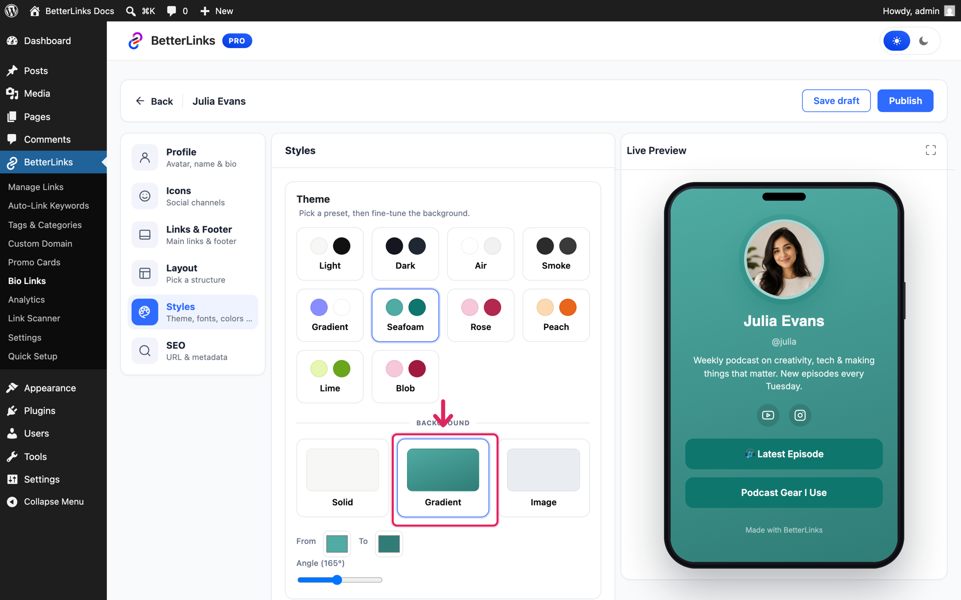 How to Create a Link in Bio Page with BetterLinks? 7 Styling a BetterLinks bio page with theme presets and a gradient background