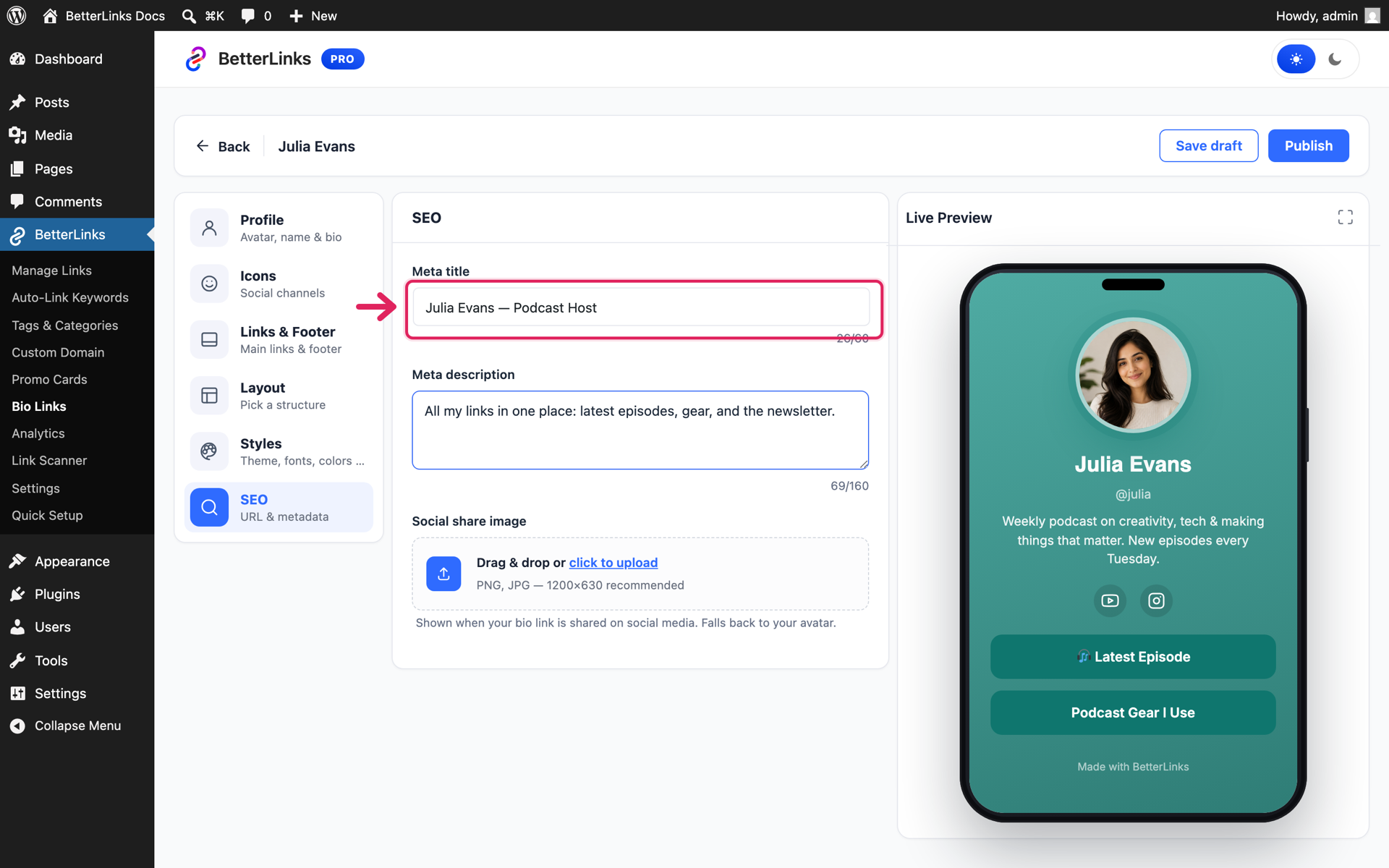 How to Create a Link in Bio Page with BetterLinks? 8 SEO settings for a BetterLinks bio page with meta title and description