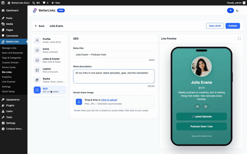 How to Create a Link in Bio Page with BetterLinks? 9 Publishing a BetterLinks bio page and copying its live URL