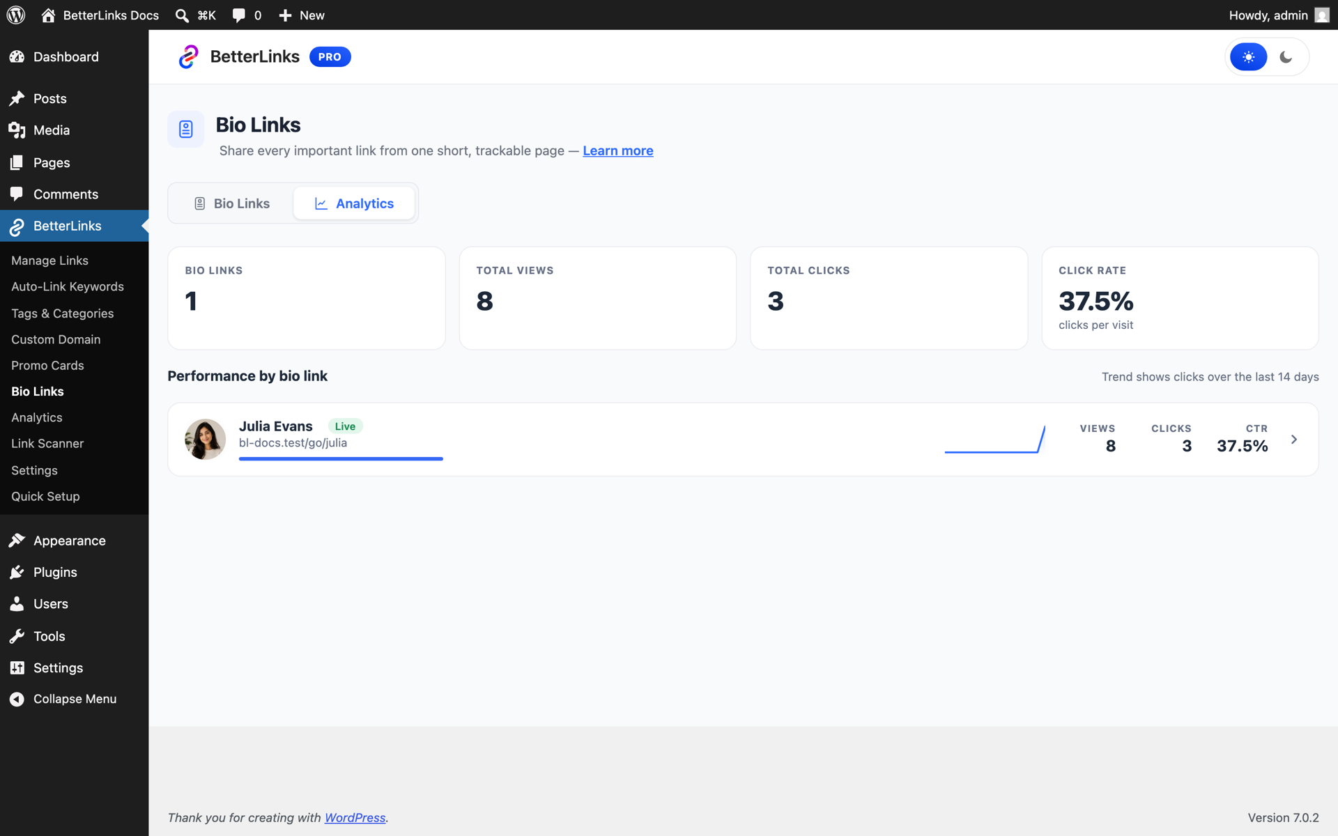 How to Create a Link in Bio Page with BetterLinks? 11 BetterLinks Bio Links analytics showing views, clicks, and click rate