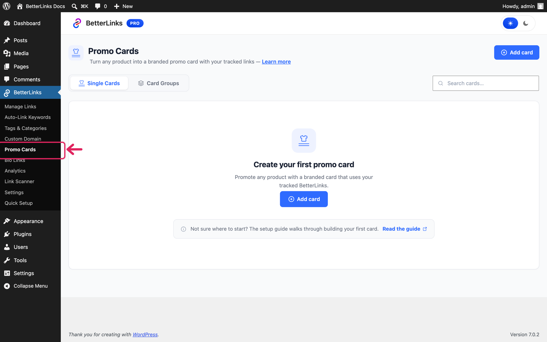 How to Create Promo Cards with BetterLinks? 1 Promo Cards menu in the BetterLinks WordPress dashboard