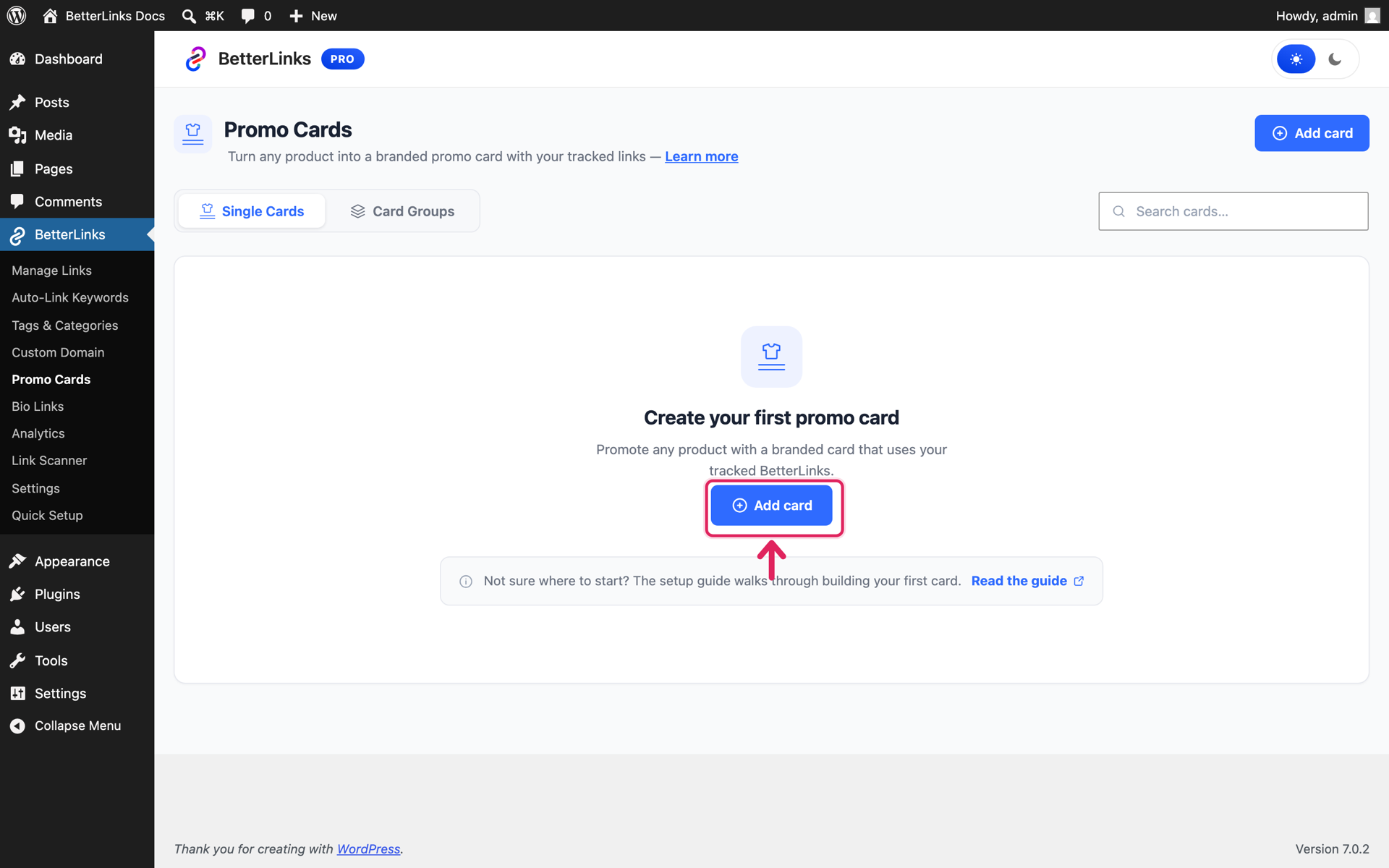 How to Create Promo Cards with BetterLinks? 2 Empty Promo Cards dashboard in BetterLinks with the Add card button highlighted
