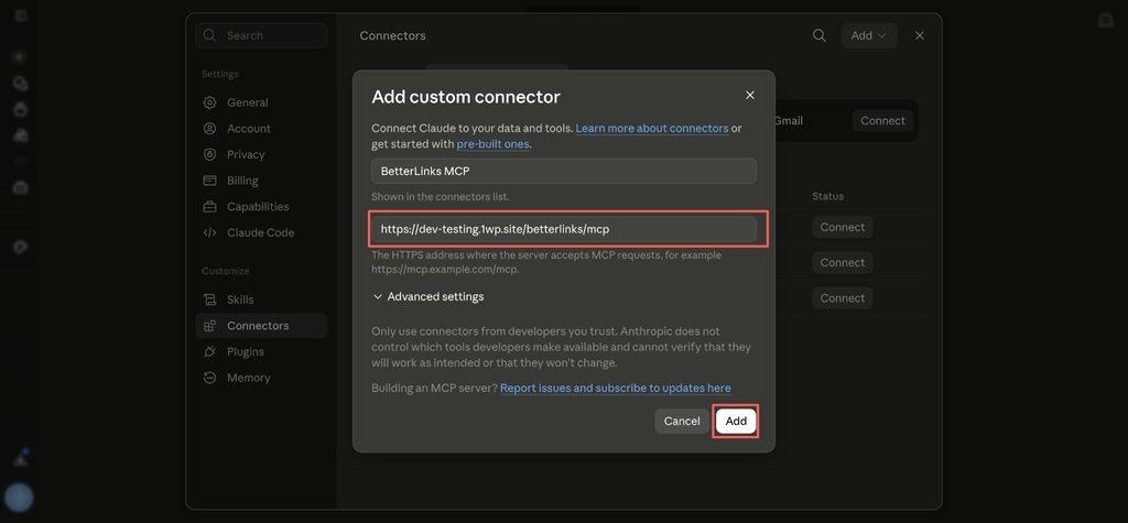 Entering the BetterLinks MCP name and connector URL in the Add custom connector dialog in Claude Connect & Approve in Claude