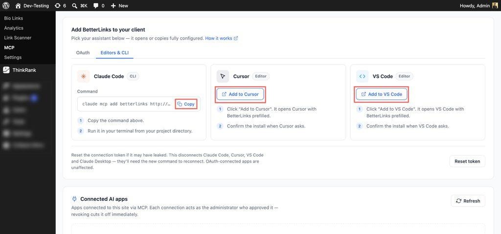 Editors and CLI tab showing Claude Code, Cursor and VS Code setup options in BetterLinks Connect Editors & CLI Tools