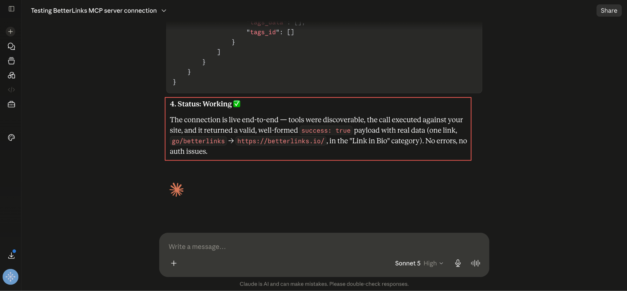 Claude then shows the raw JSON response and a plain-language verdict. 