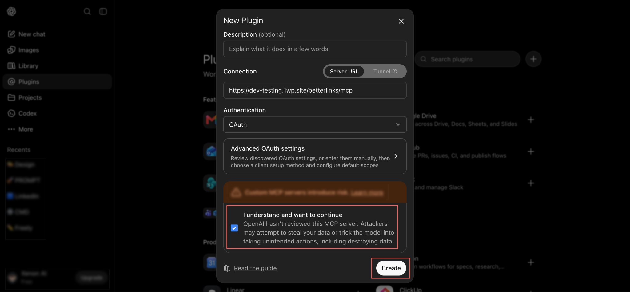Confirm & Create the Plugin