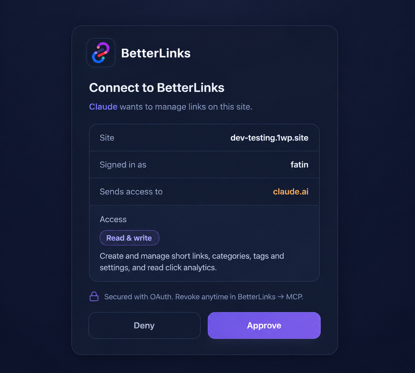 BetterLinks MCP: Manage Your WordPress Links Straight from Your AI Assistant 9 The approval screen shows the exact site, account and access scope before anything connects.