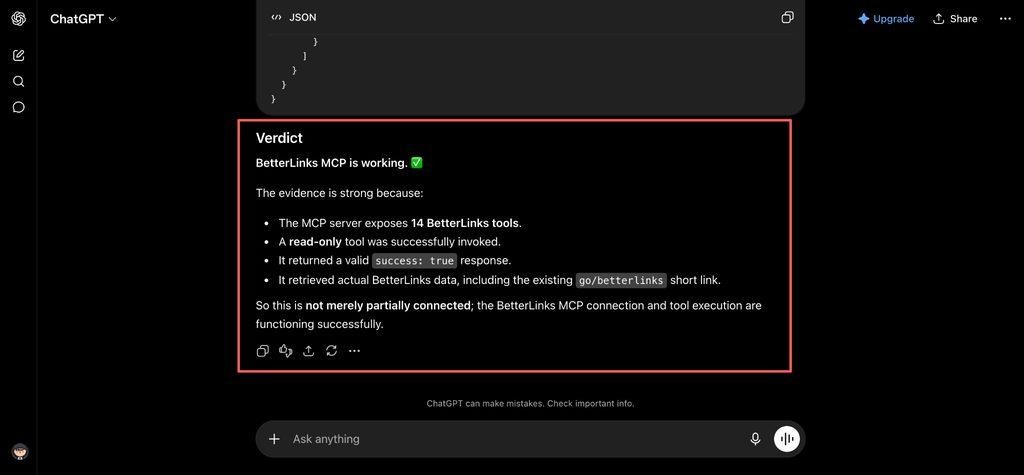 ChatGPT confirming that the BetterLinks MCP connection and tool execution are working A successful ChatGPT test returns success and real link data from your site.